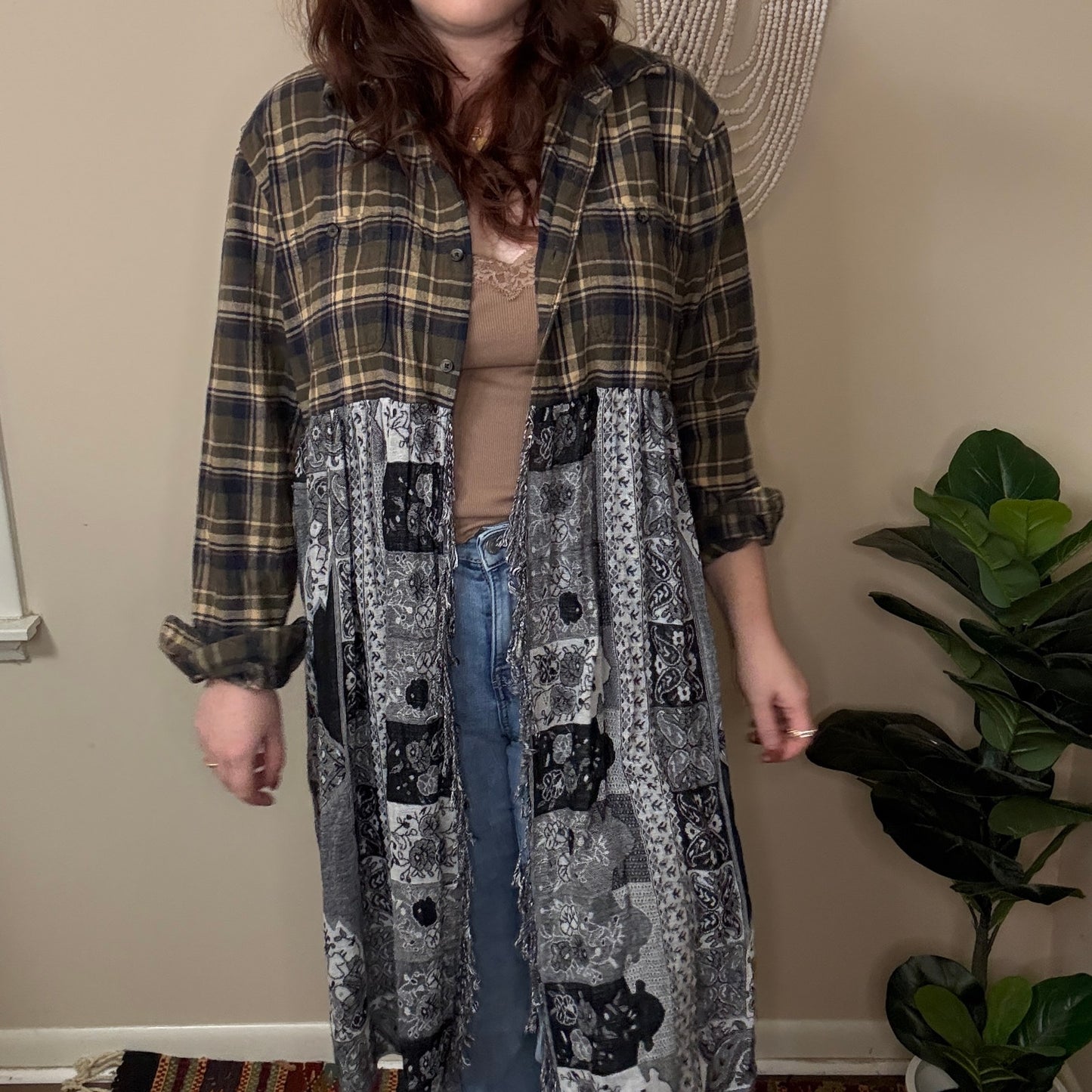 Upcycled Green/Black Flannel Pashmina Duster S-L