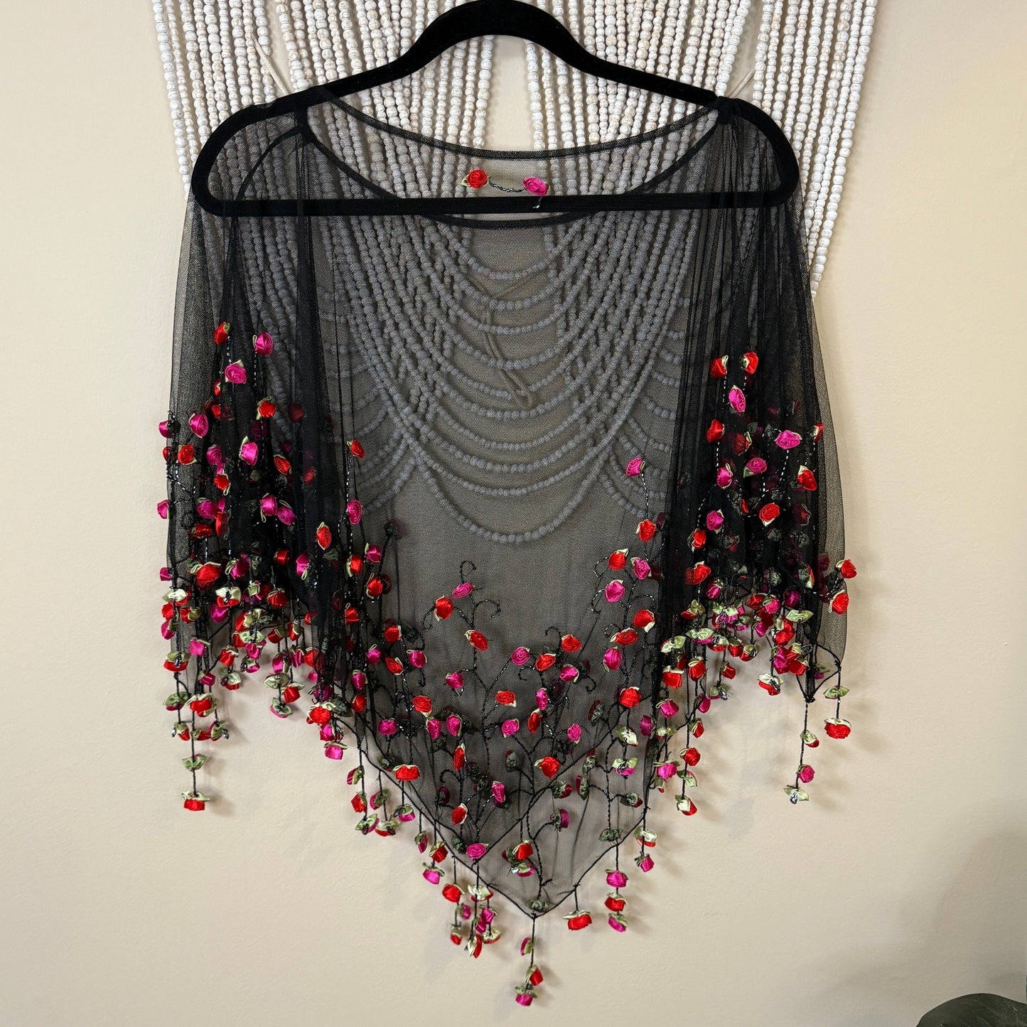 It's Raining Roses Beaded 3D Black Mesh Poncho Shawl One Size