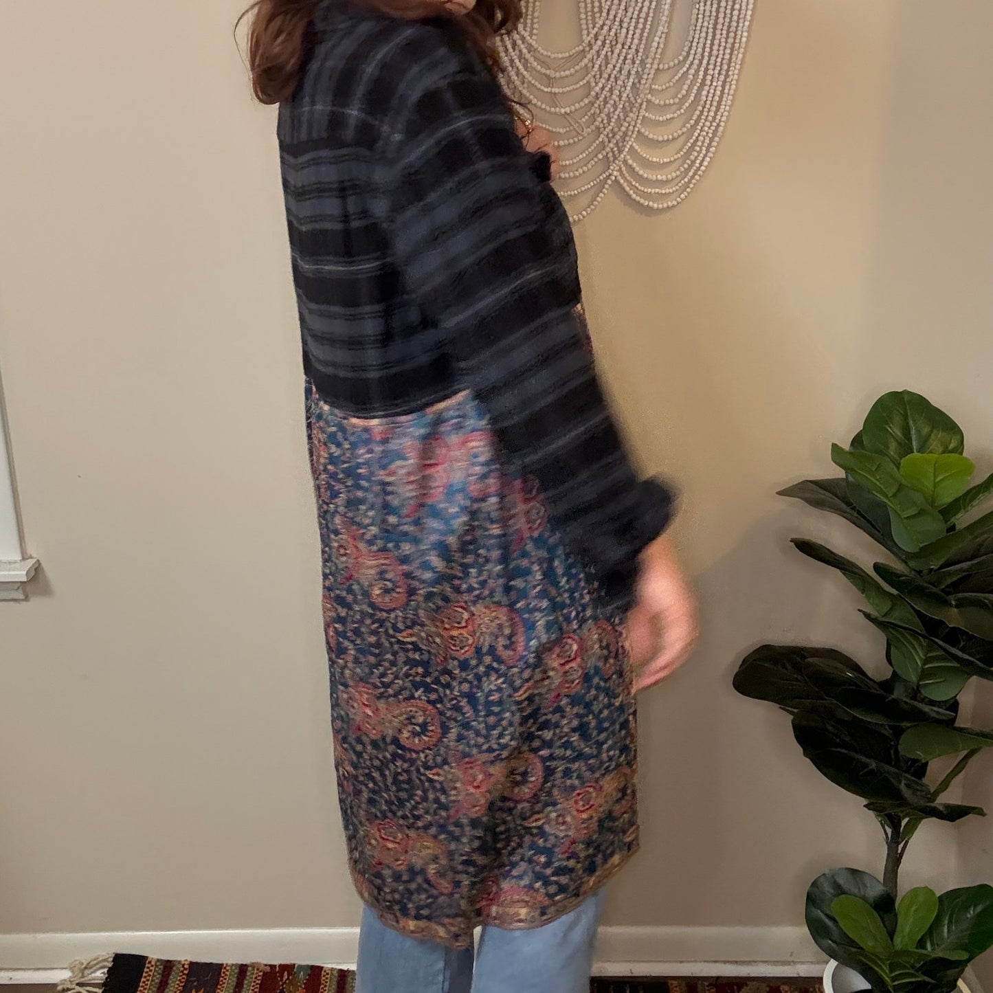 Upcycled Navy/Pink Flannel Pashmina Duster S-XL