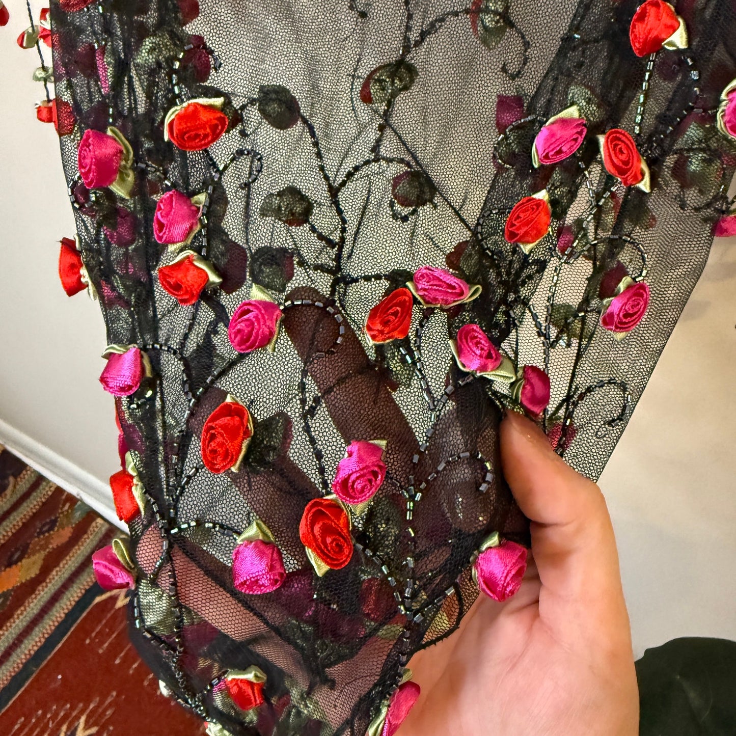 It's Raining Roses Beaded 3D Black Mesh Poncho Shawl One Size