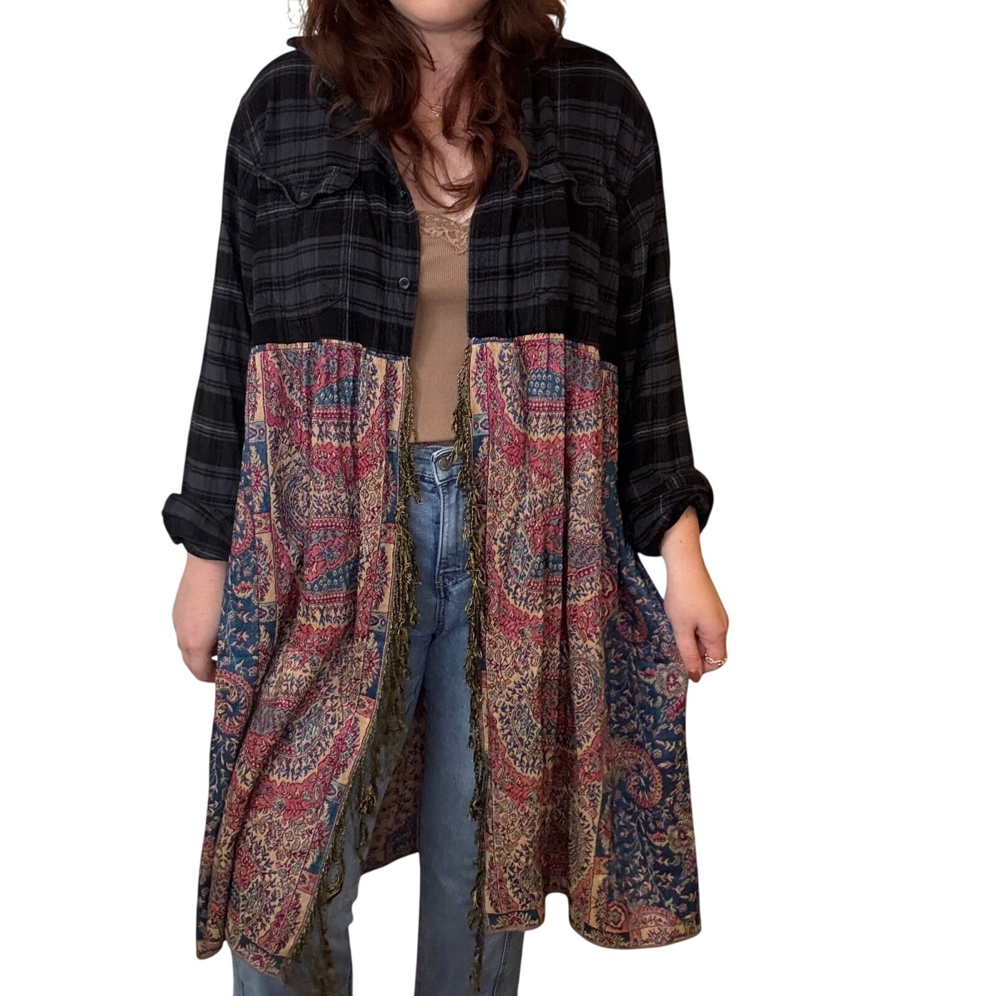 Upcycled Navy/Pink Flannel Pashmina Duster S-XL