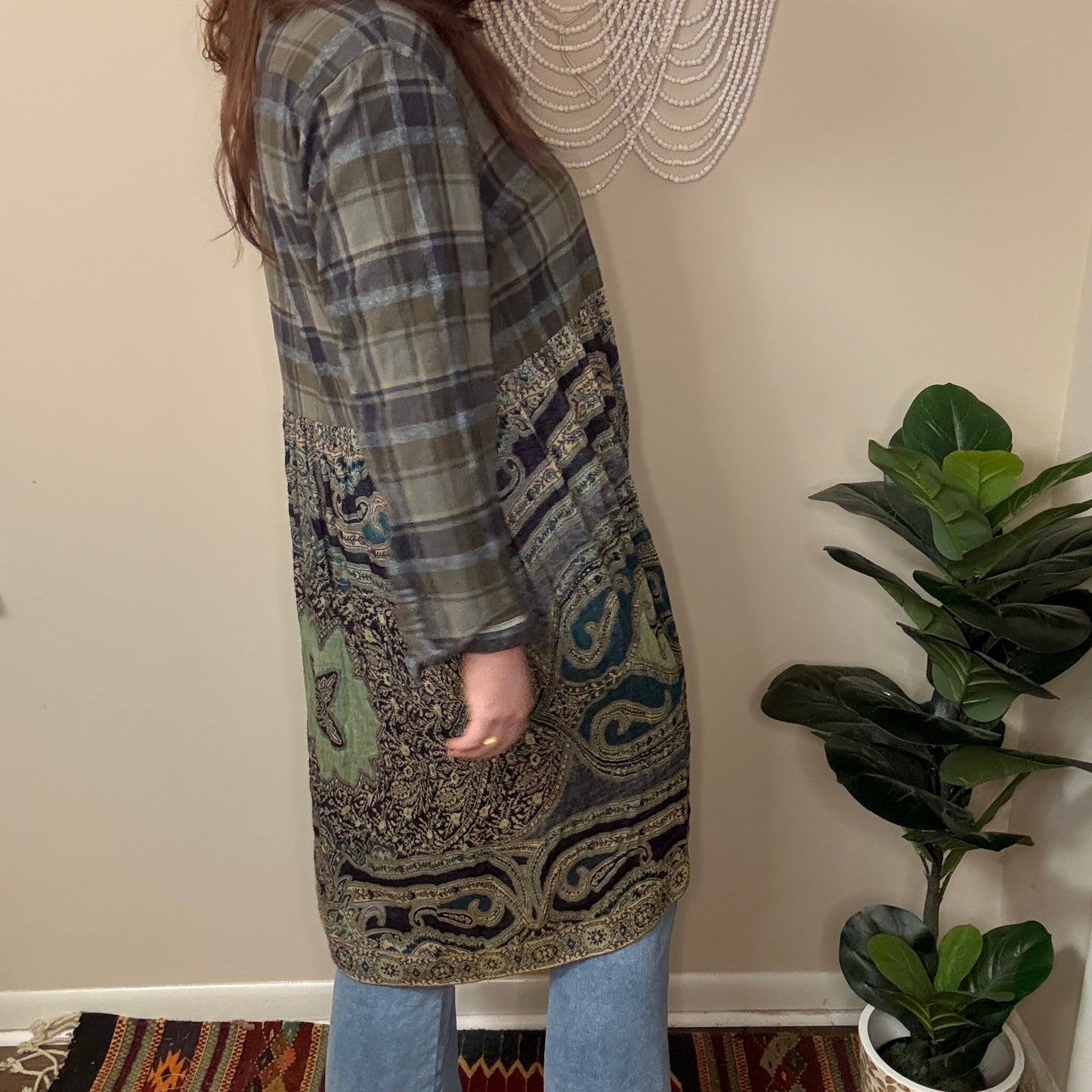 Upycled Green on Green Flannel Pashmina Duster S-L