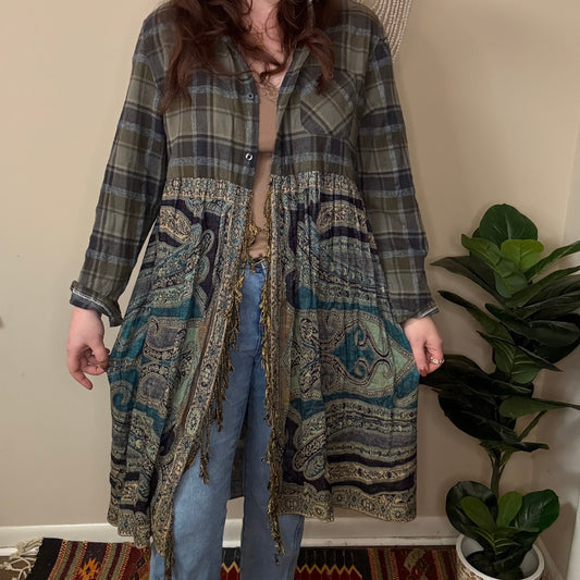 Upycled Green on Green Flannel Pashmina Duster S-L