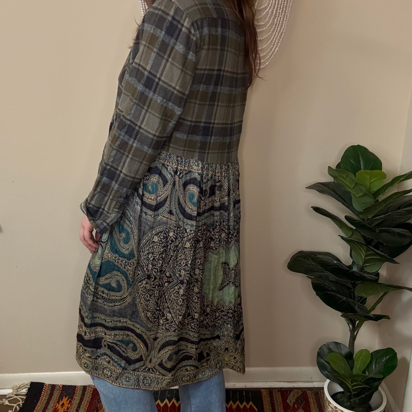 Upycled Green on Green Flannel Pashmina Duster S-L