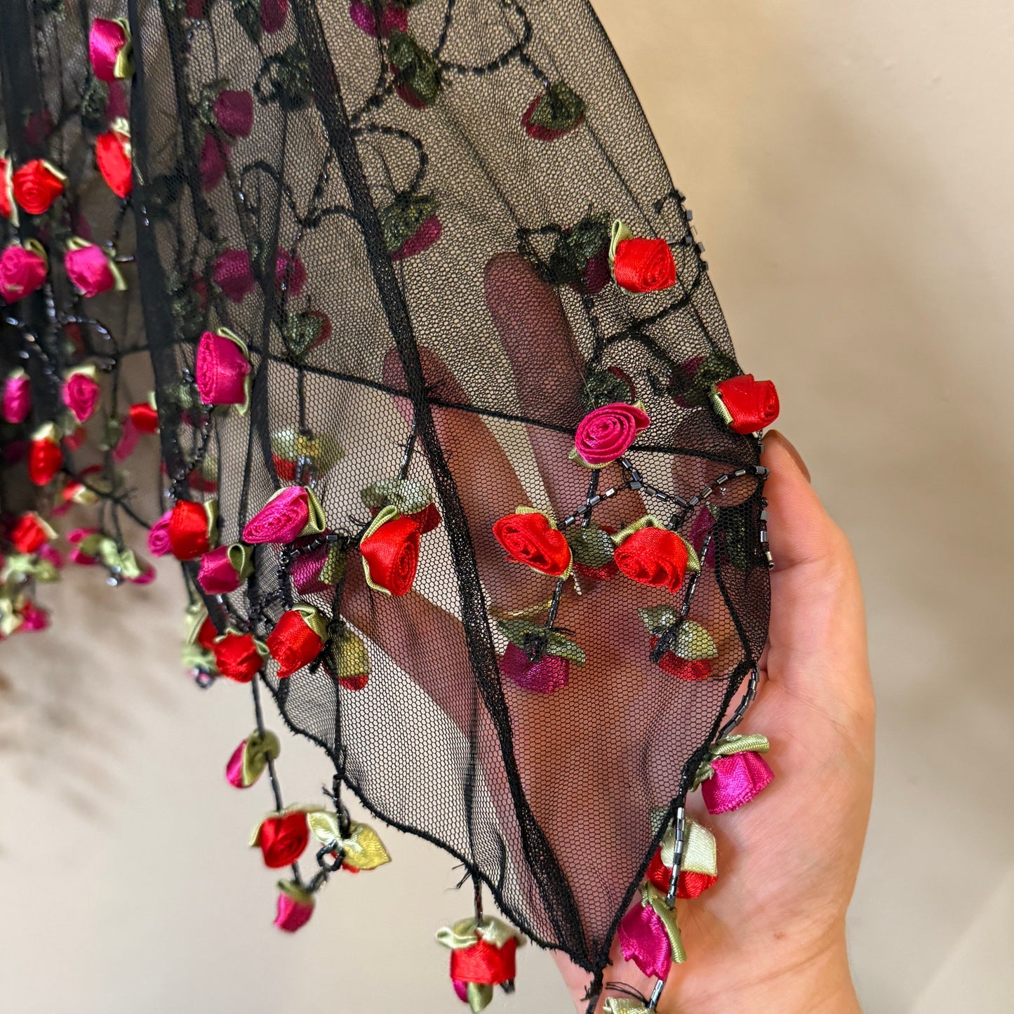 It's Raining Roses Beaded 3D Black Mesh Poncho Shawl One Size