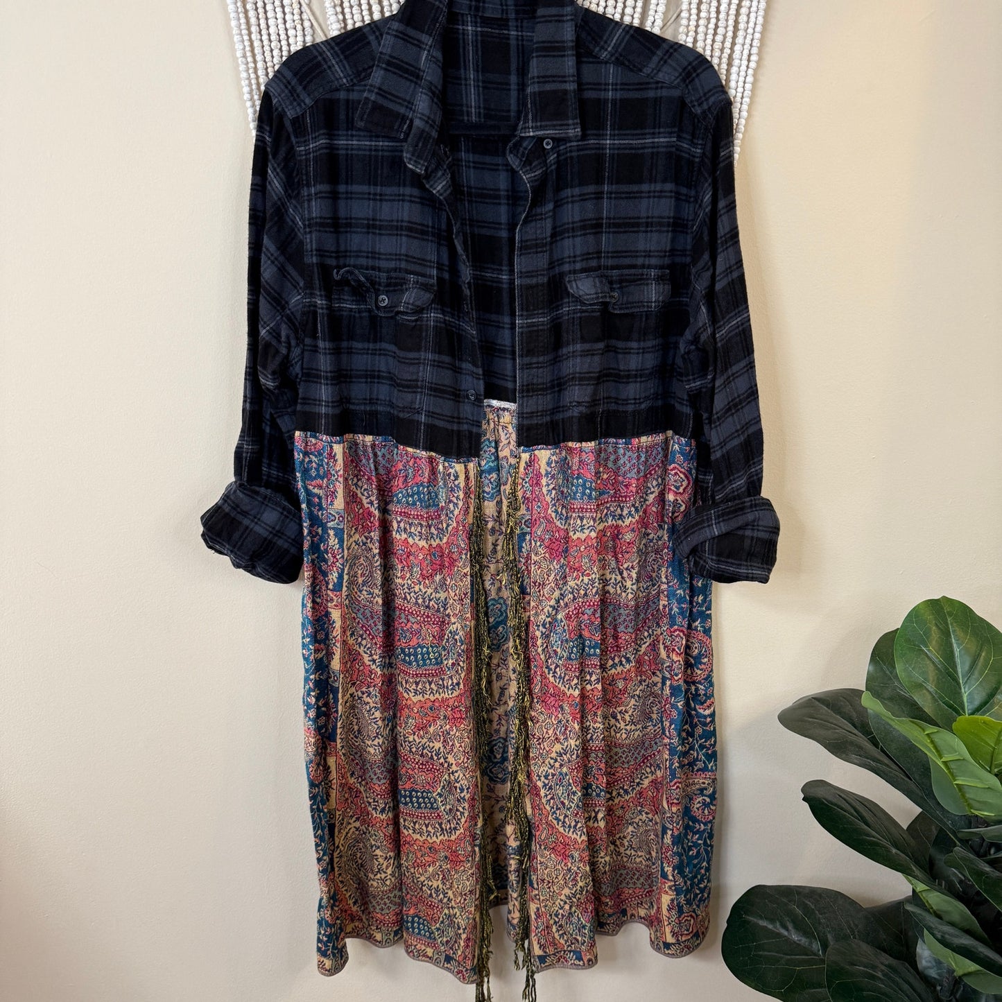 Upcycled Navy/Pink Flannel Pashmina Duster S-XL