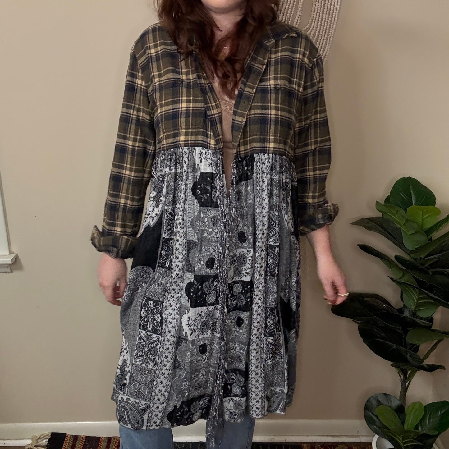 Upcycled Green/Black Flannel Pashmina Duster S-L