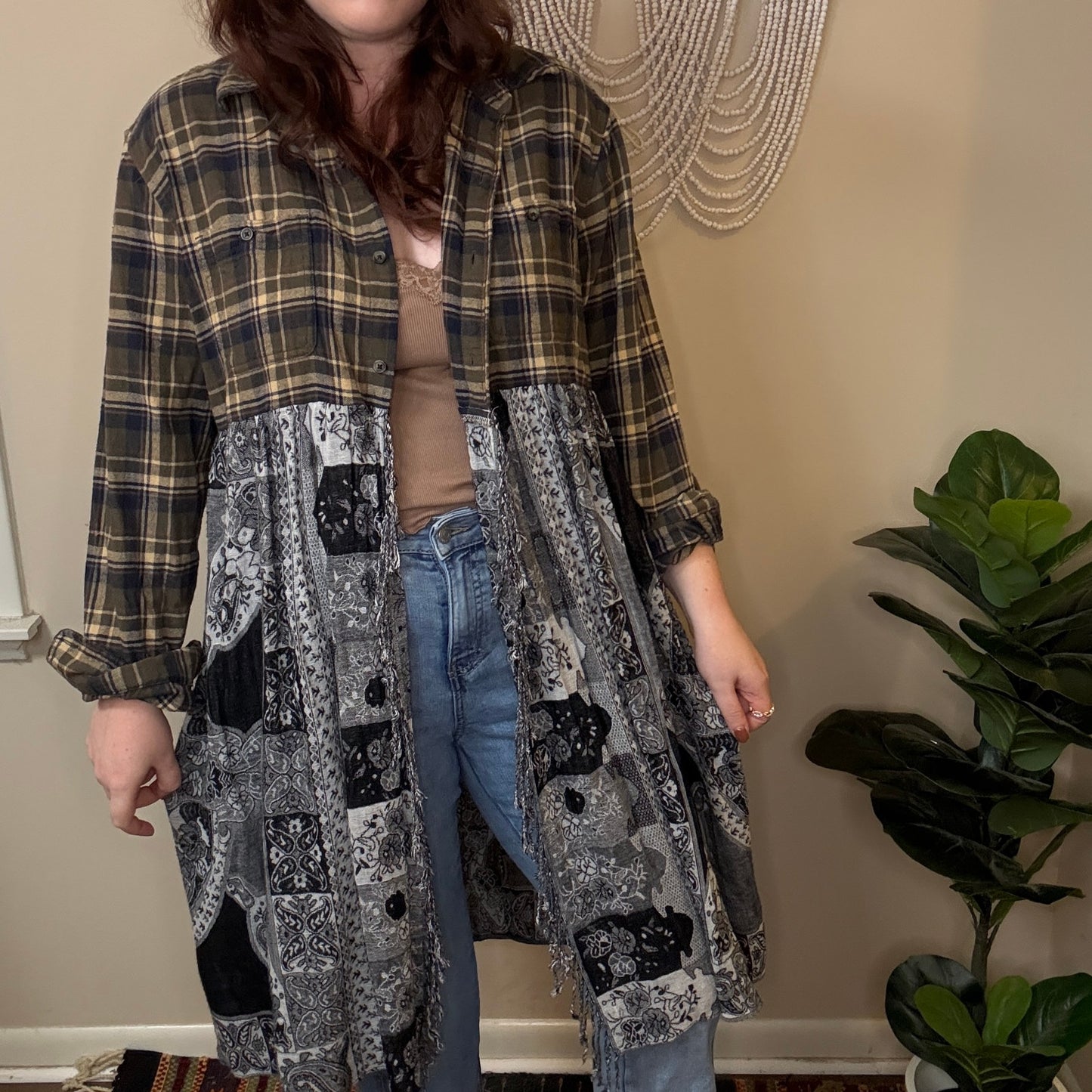 Upcycled Green/Black Flannel Pashmina Duster S-L