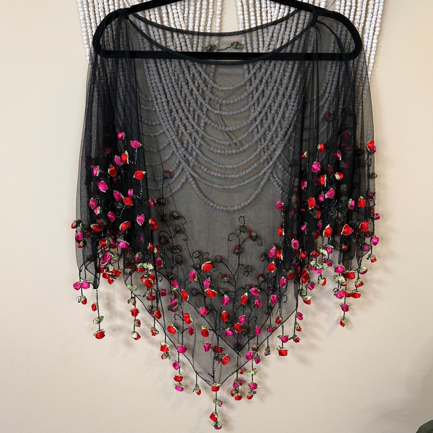 It's Raining Roses Beaded 3D Black Mesh Poncho Shawl One Size