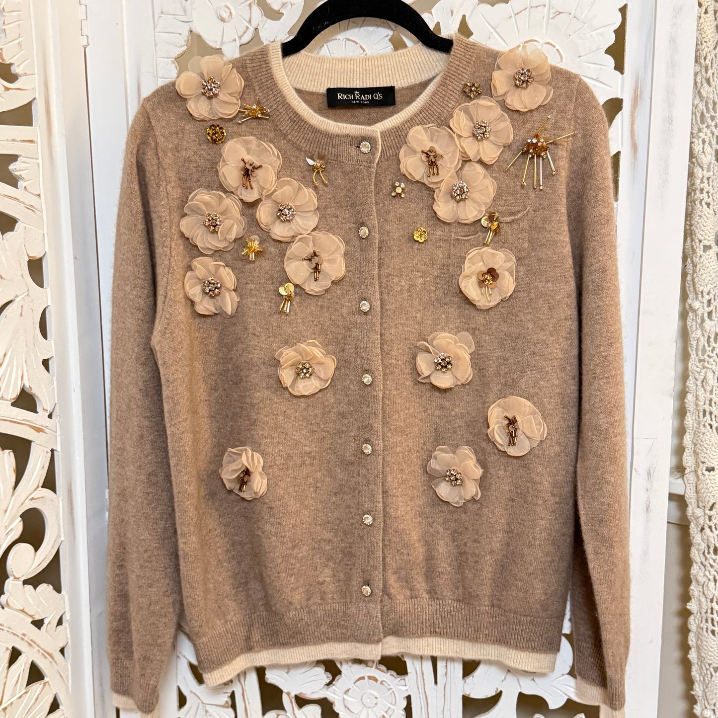 Rich Radi Q's New York Cashmere Embellished Tan Floral Cardigan One Size