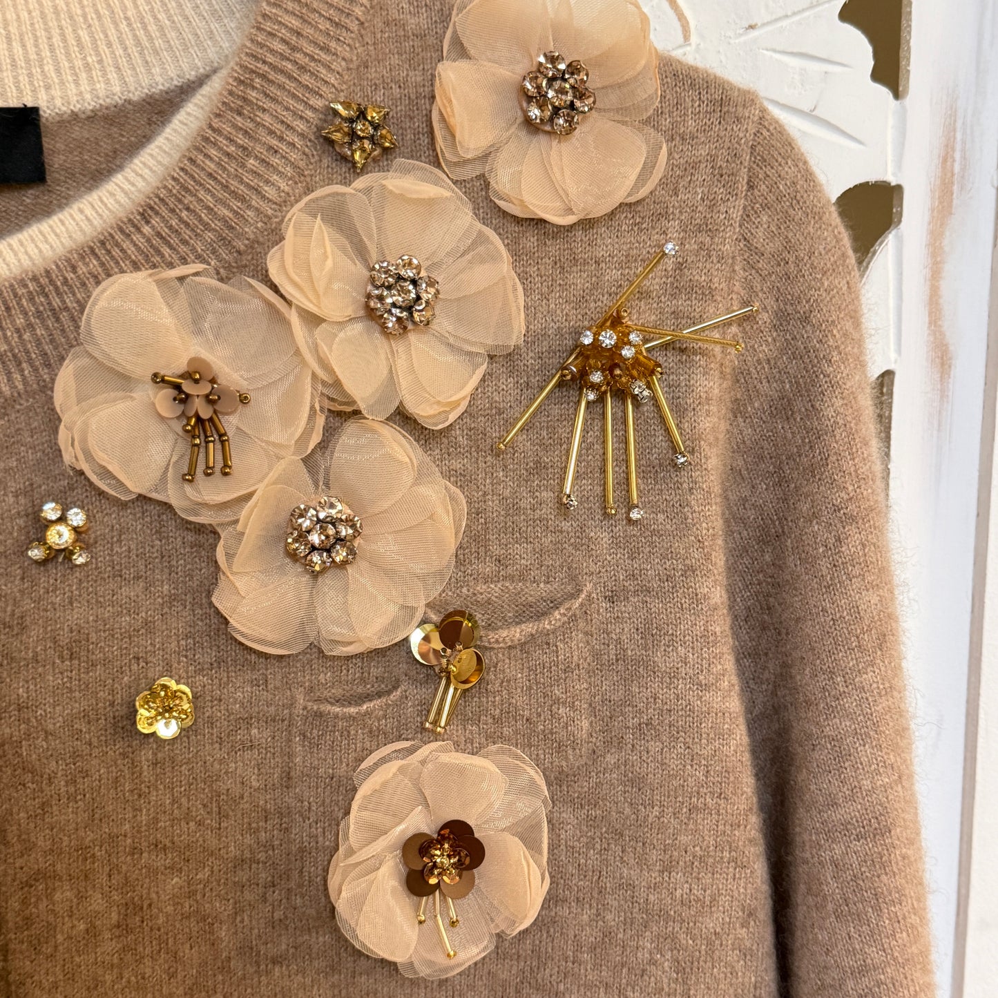 Rich Radi Q's New York Cashmere Embellished Tan Floral Cardigan One Size