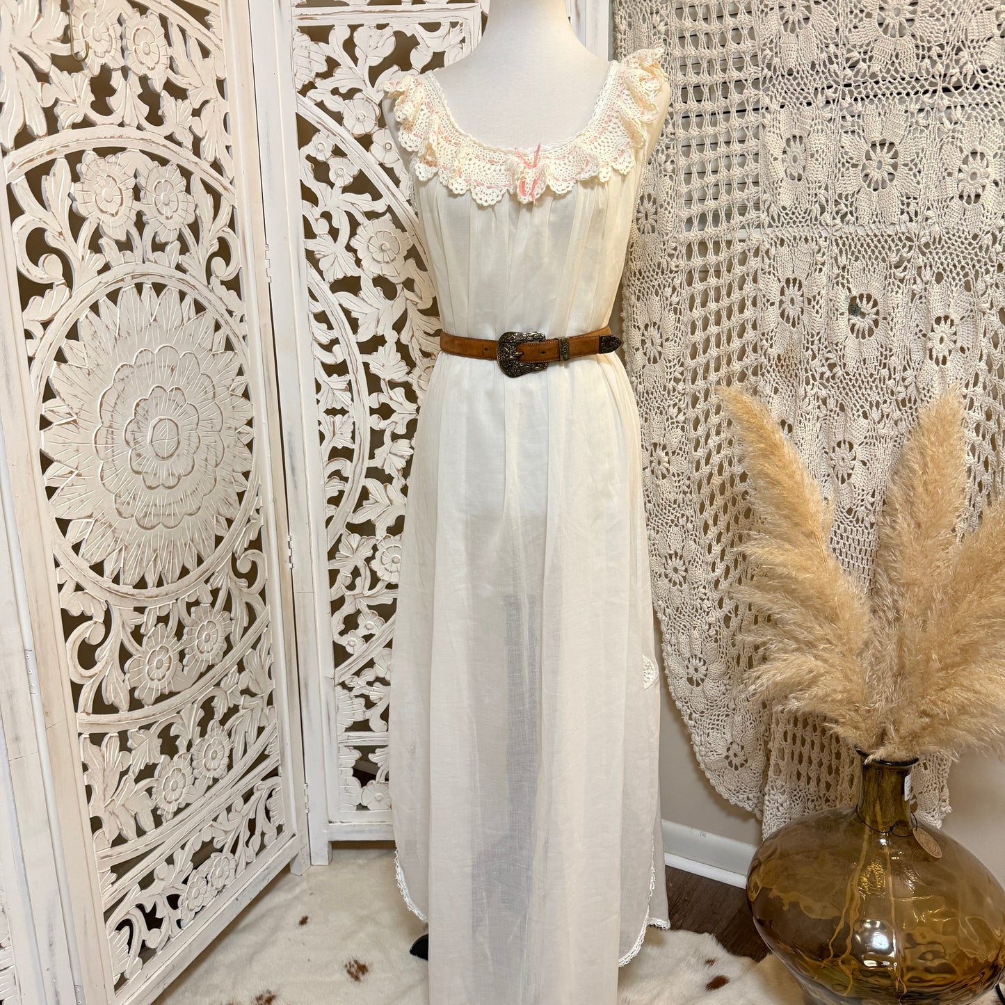 BERT YELIN for Iris Vintage Crochet Detail Nightgown Dress S