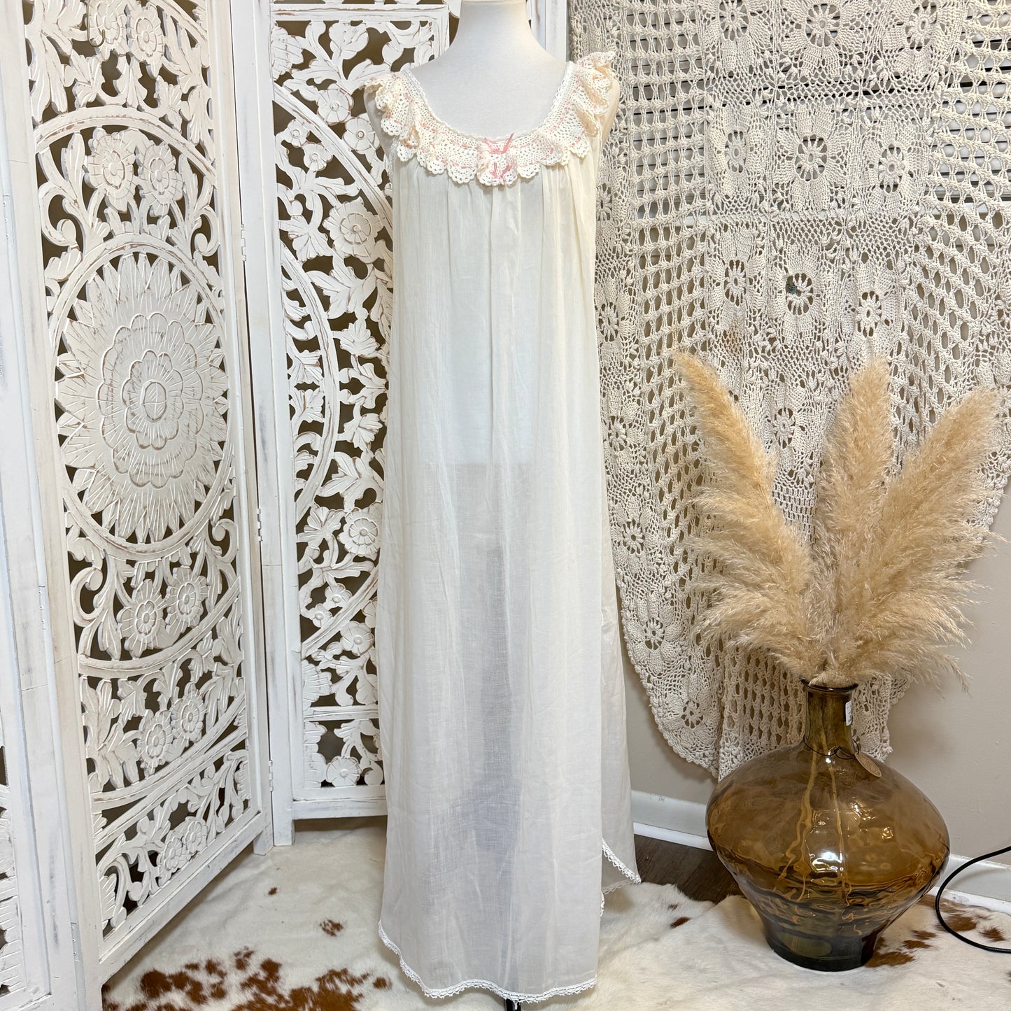 BERT YELIN for Iris Vintage Crochet Detail Nightgown Dress S