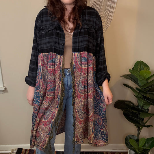 Upcycled Navy/Pink Flannel Pashmina Duster S-XL