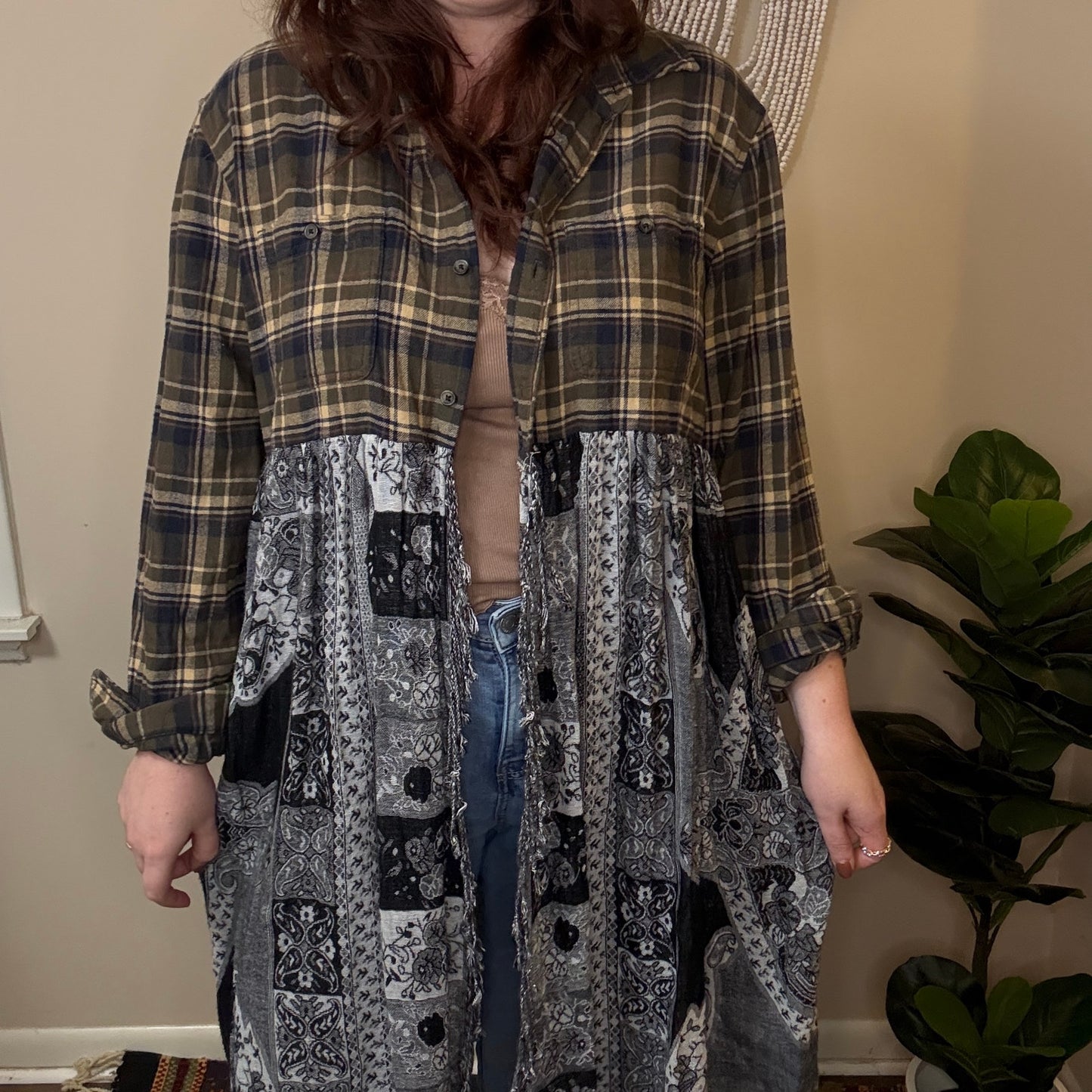 Upcycled Green/Black Flannel Pashmina Duster S-L