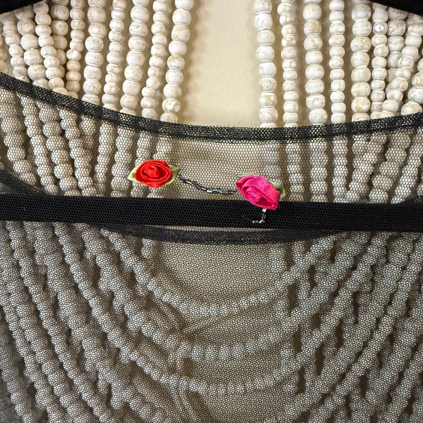 It's Raining Roses Beaded 3D Black Mesh Poncho Shawl One Size