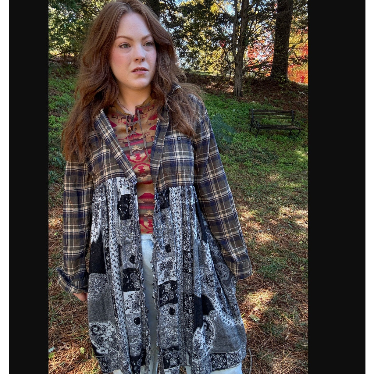 Upcycled Green/Black Flannel Pashmina Duster S-L