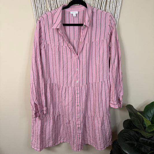 J. Jill Love Linen Pink Striped Button Down Dress L