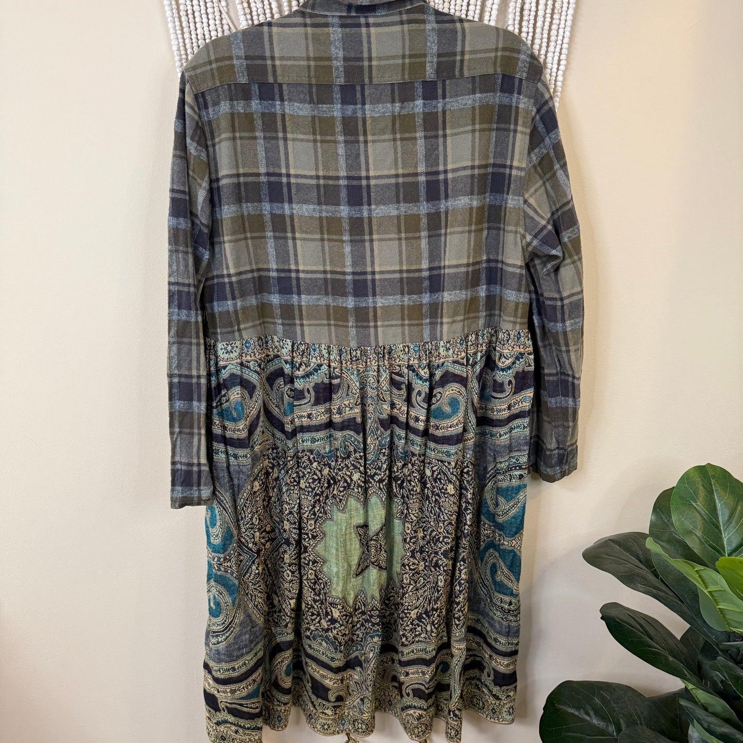 Upycled Green on Green Flannel Pashmina Duster S-L