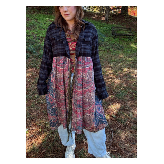 Upcycled Navy/Pink Flannel Pashmina Duster S-XL