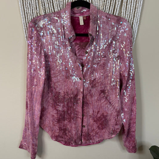 Pilcro Anthropologie Sequin Pink Button Down Blouse S $148 retail
