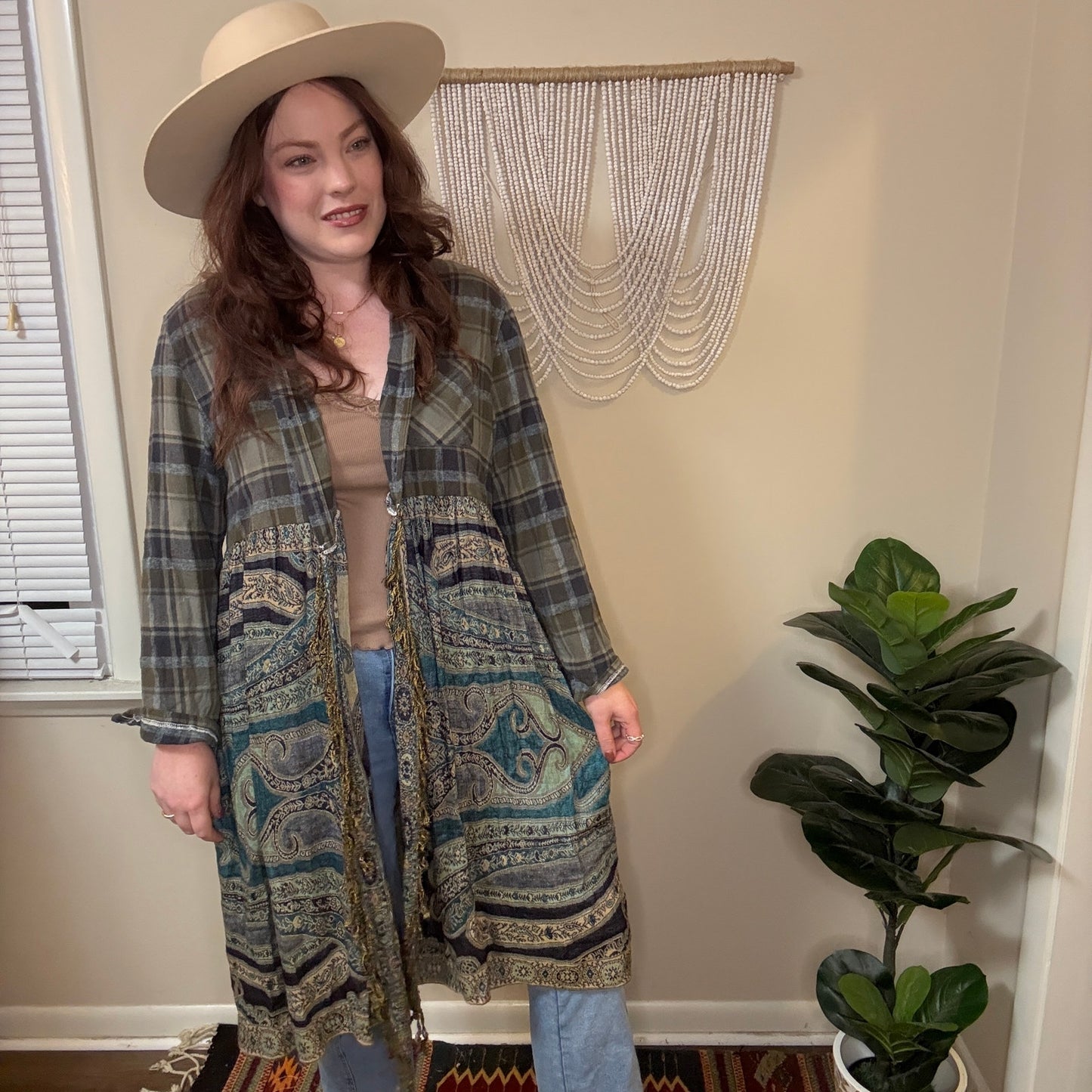 Upycled Green on Green Flannel Pashmina Duster S-L