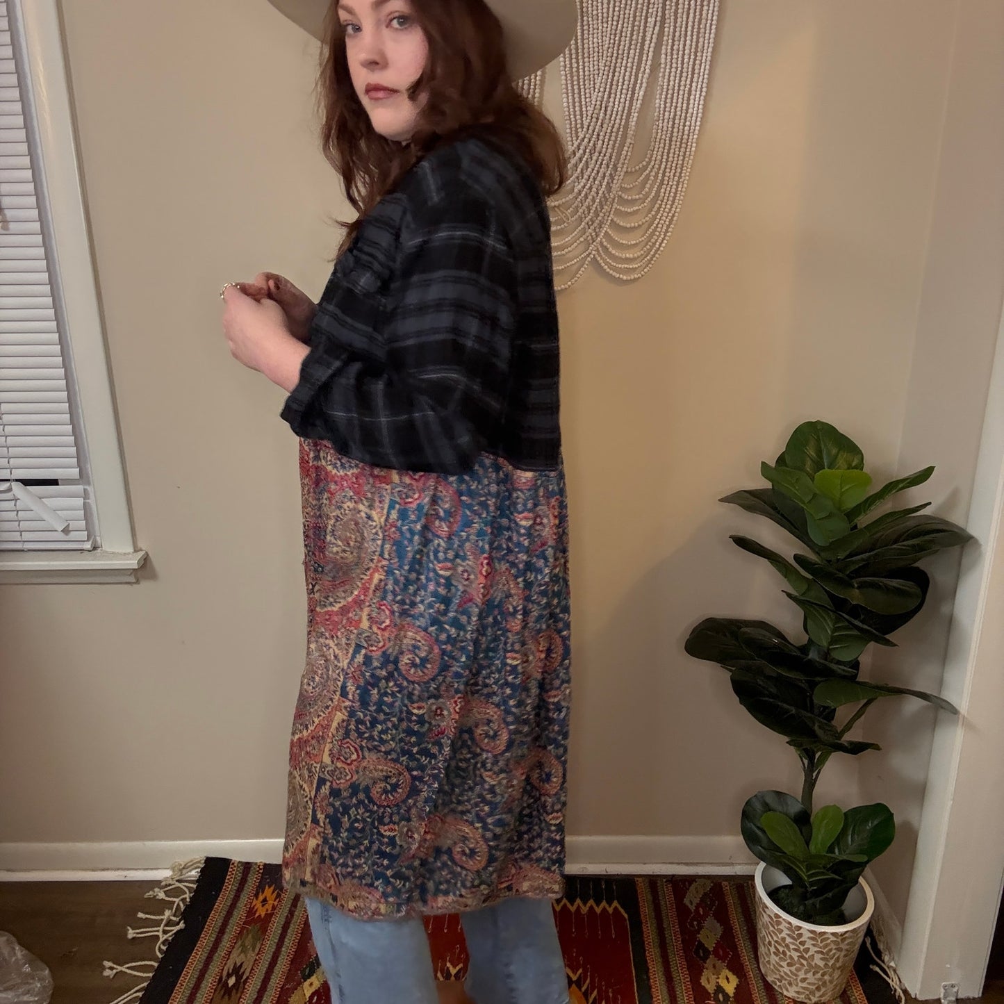 Upcycled Navy/Pink Flannel Pashmina Duster S-XL